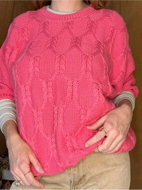 Vintage 1980s Cape Isle Knitters Pink Cotton Cable Knit Sweater | L